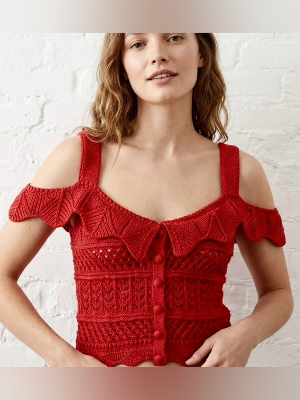 Blu Pepper Red Crochet Knit Cropped Top Cold Shoulder Ruffle Accent Boho Size M